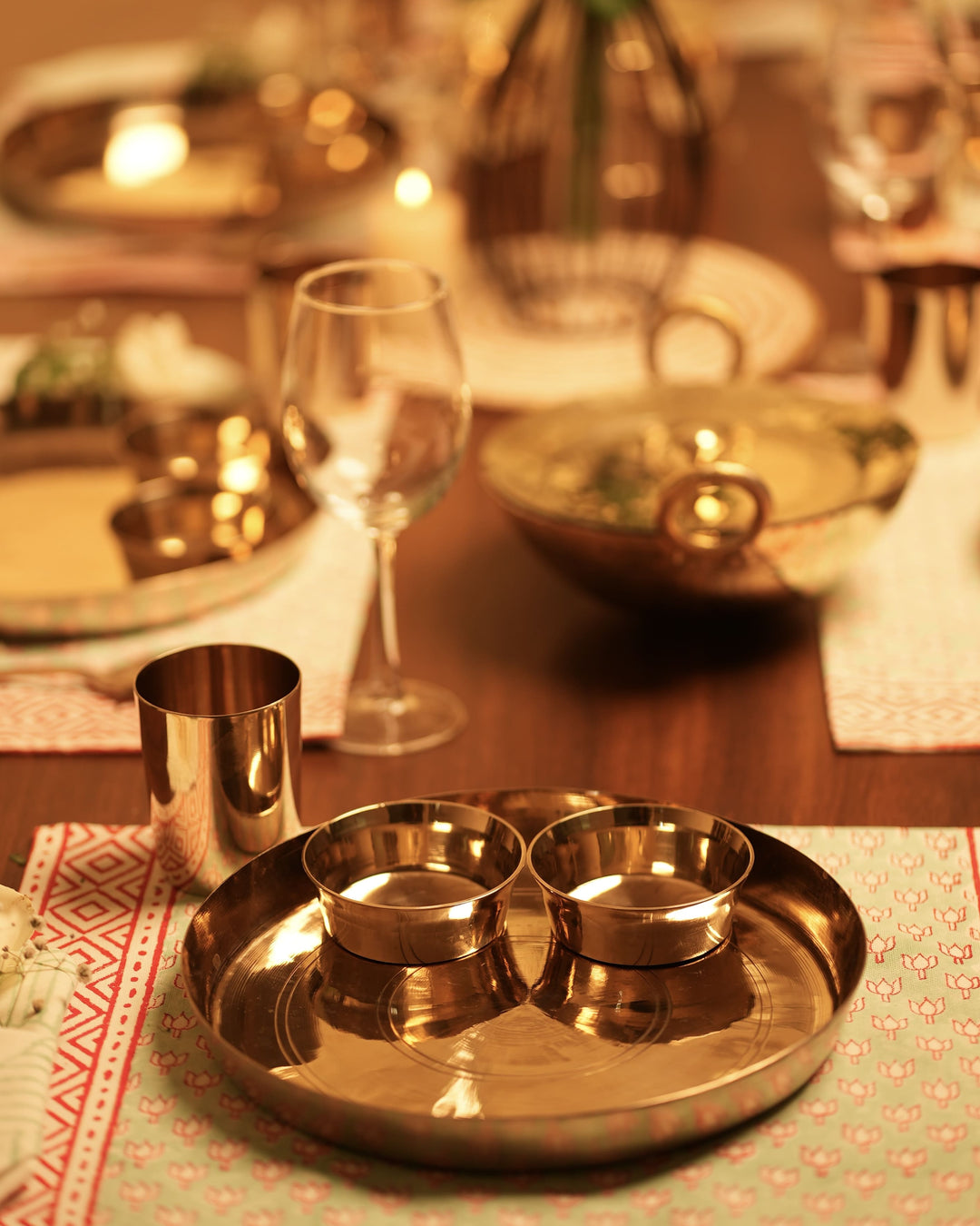 Bronze (Kansa) high hipped plate (Thaali) Set 11" - 5 pieces (1 Thaali, 2 bowls, 1 glass, 1 spoon)