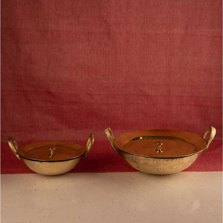 Set of 3 Brass Woks / Kadhai (Circular & Deep cooking/ serving Utensil) - 1L round, 3L round and 3L flat